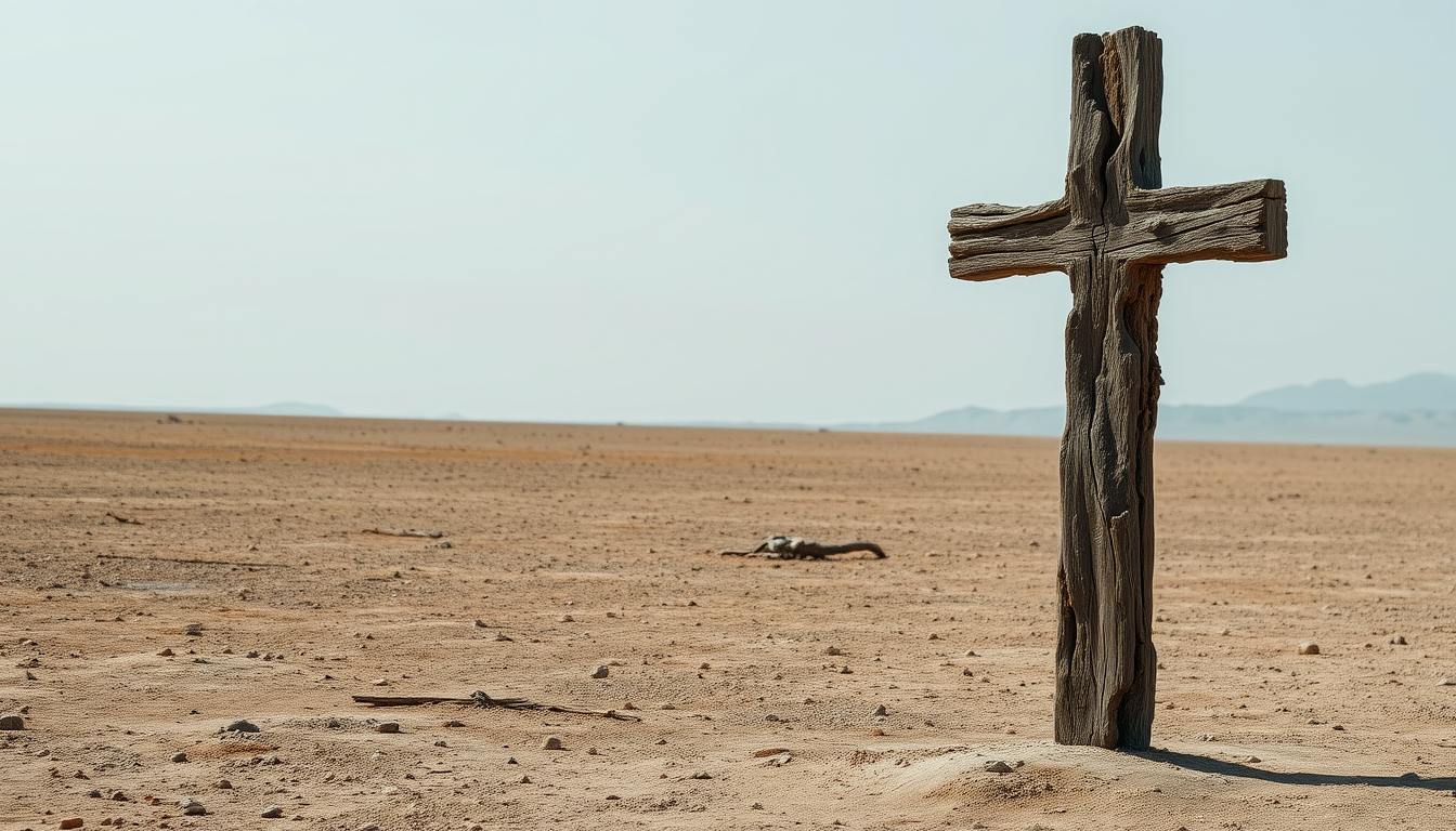 An old wooden cross in the middle of a barren desert. The cross is standing upright on the right side of the image. The cross is falling apart and is made of badly rot damaged dark wood and appears to be weathered and aged, with visible damage from wet and dry rot. The overall scene is desolate.