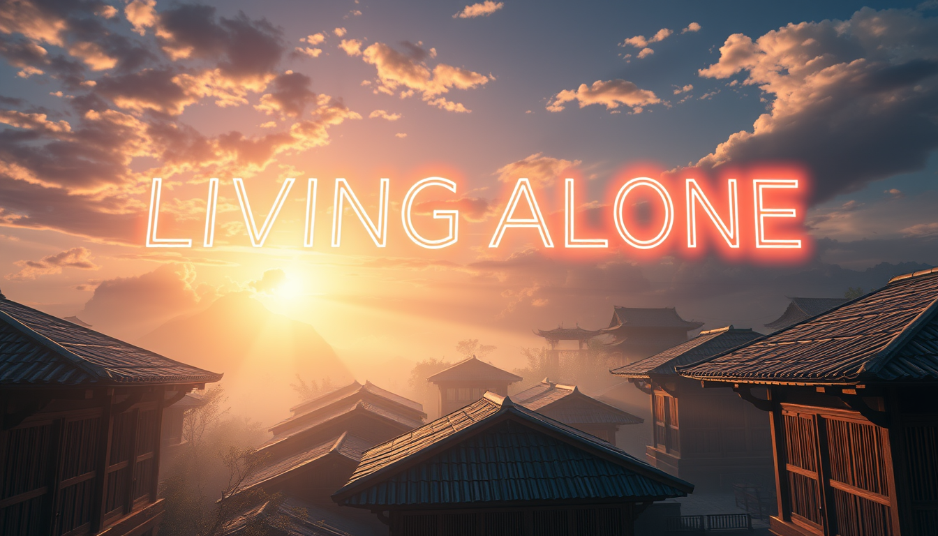 Anime 3D style of a wide drone view of bamboo huts in an old pagoda in the early morning, super detailed and warm, with sunlight and moving clouds. The text "LIVING ALONE" in neon appears in the sky, large and striking.