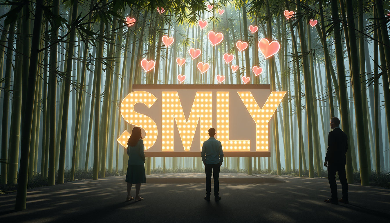 Digital art style: In a tranquil bamboo forest, people stand before a screen nestled among the trees. The bamboo glows softly, releasing floating hearts that coalesce into the letters "SMLYT". The 3D letters seem to be woven from illuminated bamboo fibers, with each fiber animating independently. The letters cast complex shadows that move across the forest floor, creating mesmerizing patterns that interact with the characters' shadows.