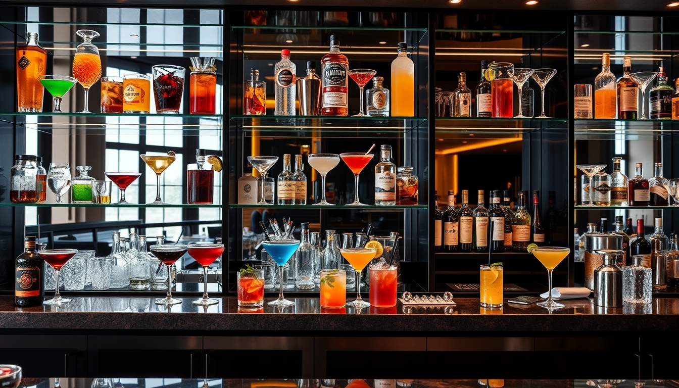 A sophisticated cocktail bar with glass shelves showcasing an array of colorful drinks.