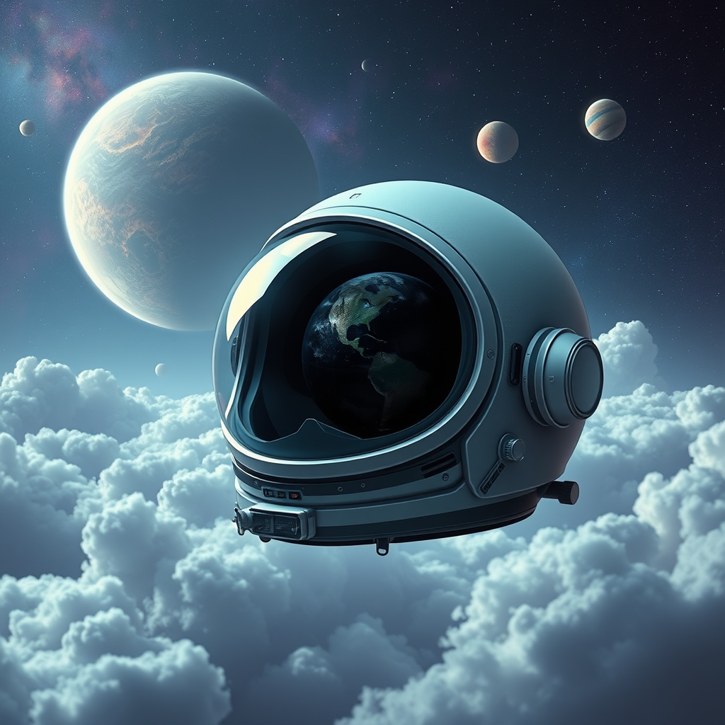 A space helmet with clouds and planets in the background, computer graphics by Mike Winkelmann, cgsociety, space art, retro space helmet, nebulae background, space background. - Image