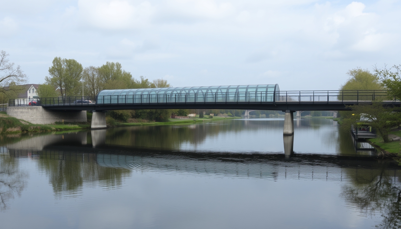 A serene river scene with a glass-bottomed bridge crossing over it.