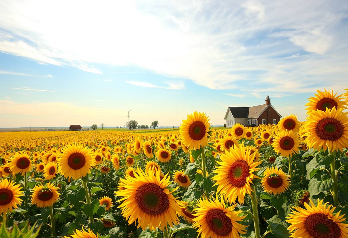 Vibrant, sunflower fields, golden blooms, high quality, photorealistic, summer, cheerful, idyllic, rural, panoramic, breathtaking, rural farmhouses, blue skies, windblown fields, rural roads, sunset, floral arrangements