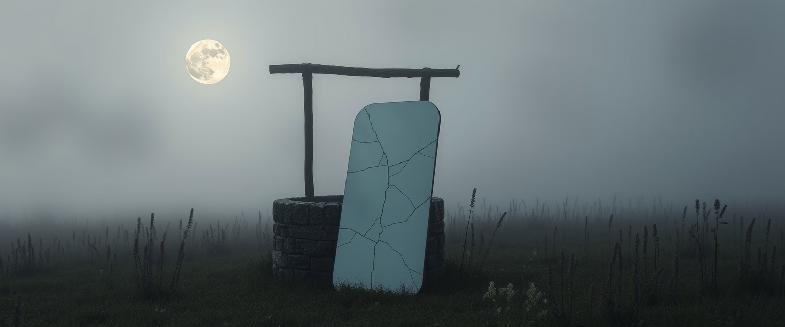 A cracked mirror propped against an old well in a misty meadow, reflecting the eerie, pale glow of the full moon. - Image