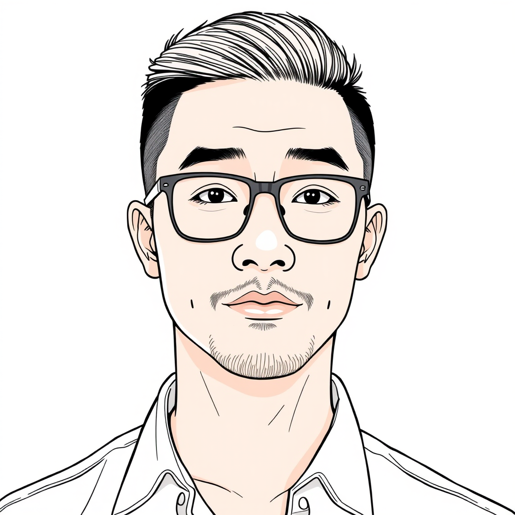 A cool line drawing of a man around 35 years old, with short crew-cut hair, Asian features, black thin-framed glasses, a slightly short beard on his chin, wearing a shirt, a full face, clean and fresh skin, and a slightly chubby physique. - Image