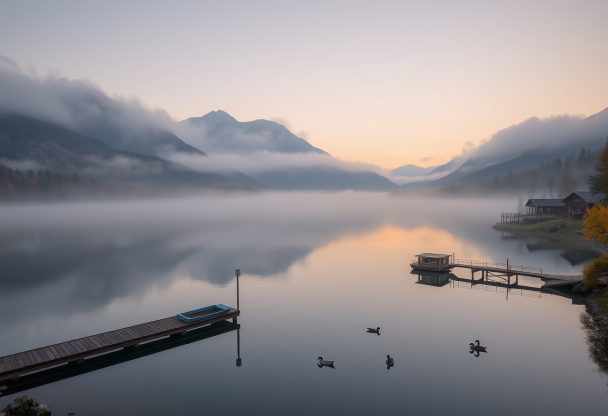 Tranquil, misty lake, surrounded by mountains, serene, high quality, photorealistic, reflection, peaceful, morning fog, autumn colors, breathtaking, idyllic::0.8 wooden pier, fishing boats, ducks, lakeside cabins, hiking trails, sunrise, sunset, misty mountains.