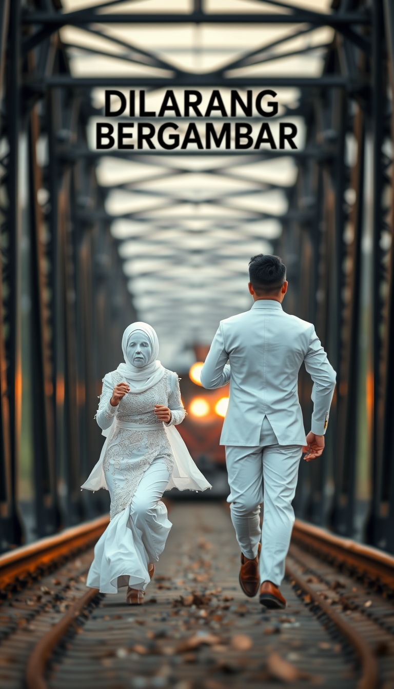 A captivating and surreal photograph of a couple adorned in traditional Malay white wedding attire. The bride dons a stunning "pengantin" outfit, while the groom stands tall and confident. They are seen racing towards a mysterious and ominous black metal bridge. The bridge symbolizes their passage into a new chapter of their lives together. The Malay text "DILARANG BERGAMBAR" hangs above them, adding an enigmatic touch. The dramatic scene is further intensified by a bokeh background and the TRAIN IS COMING. This image masterfully blends love, adventure, and suspense, creating a unique fusion of emotions. TRAIN ON BACKGROUND, GOLDEN HOUR. - Image