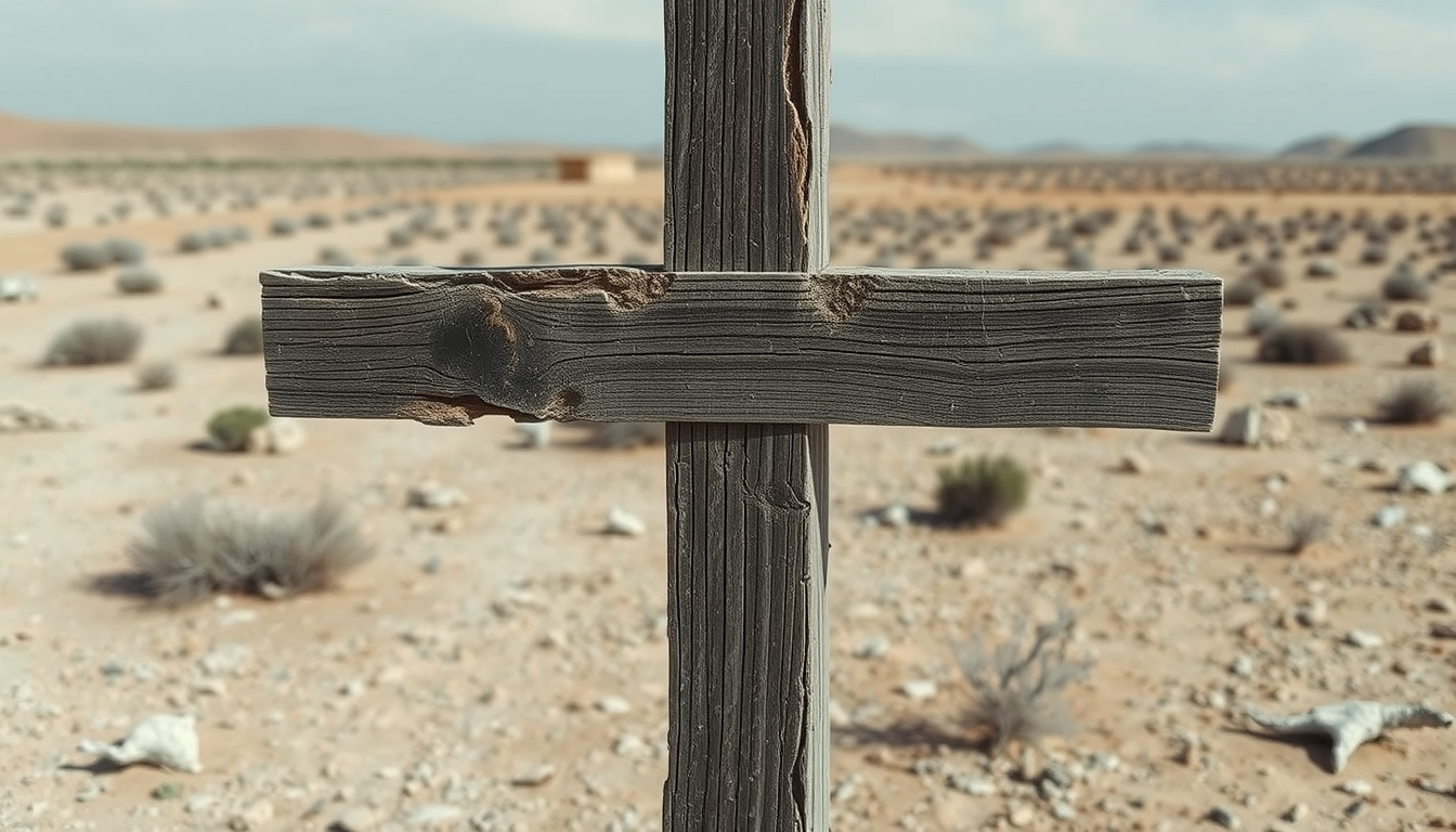 A cross made of wooden planks where the wood has visible fungal degradation. The cross is standing in a barren desert landscape. The overall feel is depressing and desolate. - Image