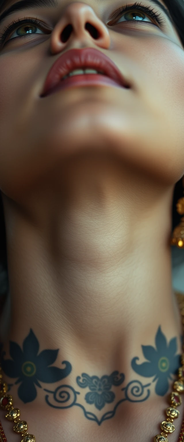 Close-up view of the tattooed neck of a fair-skinned Korean Indian woman with beautiful facial features and blue eyes, wearing gold ornaments and looking up.