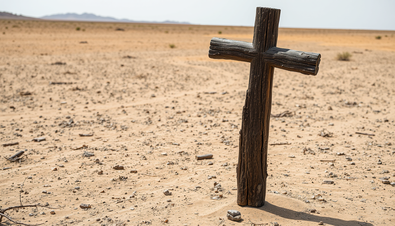 An old wooden cross in the middle of a barren desert. The cross is standing upright on the right side of the image. The cross is falling apart and is made of badly rotten crumbly dark wood and appears to be cracking and crumbling. The overall scene is desolate. - Image