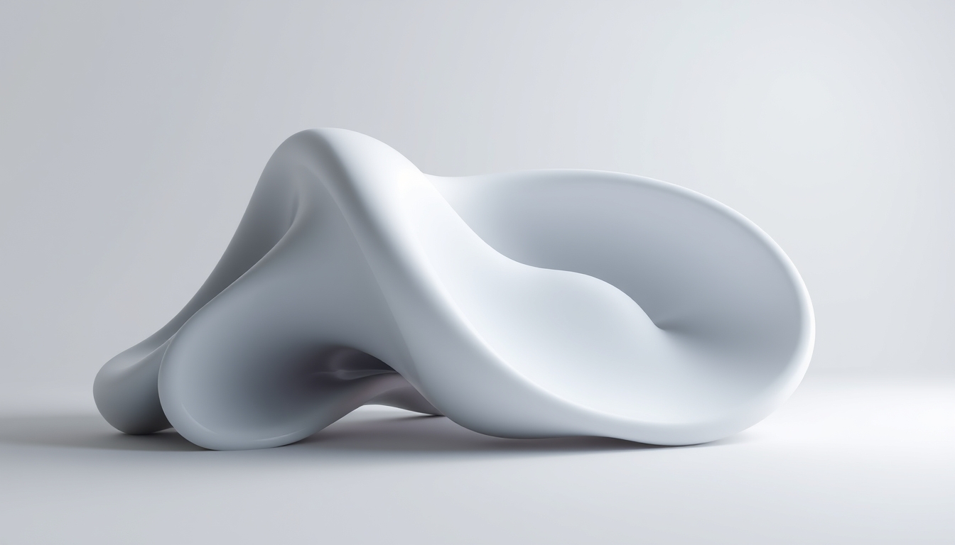 A 3D render of a digital sculpture with smooth, flowing forms, set against a minimalist background with soft lighting.