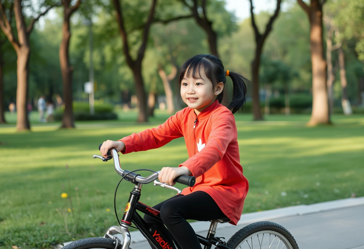 In the park, a ten-year-old Chinese girl riding a bicycle. Long shot. - Image