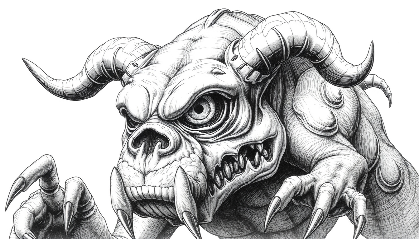 Horror Monster created by H.P Lovecraft Drawing, BullDog that was massive with one big eye, full body, raw drawing. - Image