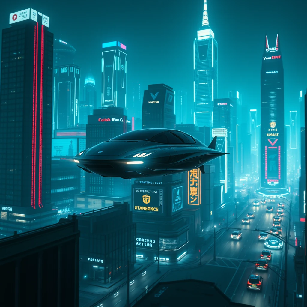 Here is a 100 word prompt to generate an ultra high-definition, cinematic YouTube background image: A vast, futuristic cityscape at night, with towering skyscrapers illuminated by neon lights and holographic displays. The scene is bathed in a cool, bluish hue, creating an atmospheric, cyberpunk aesthetic. In the foreground, a sleek, hovering vehicle speeds through the air, its headlights piercing the darkness. The background is filled with intricate details, from the intricate architecture to the bustling traffic in the distance. The overall effect is one of awe-inspiring scale and technological wonder, perfect for setting the tone for a high-quality YouTube channel. - Image