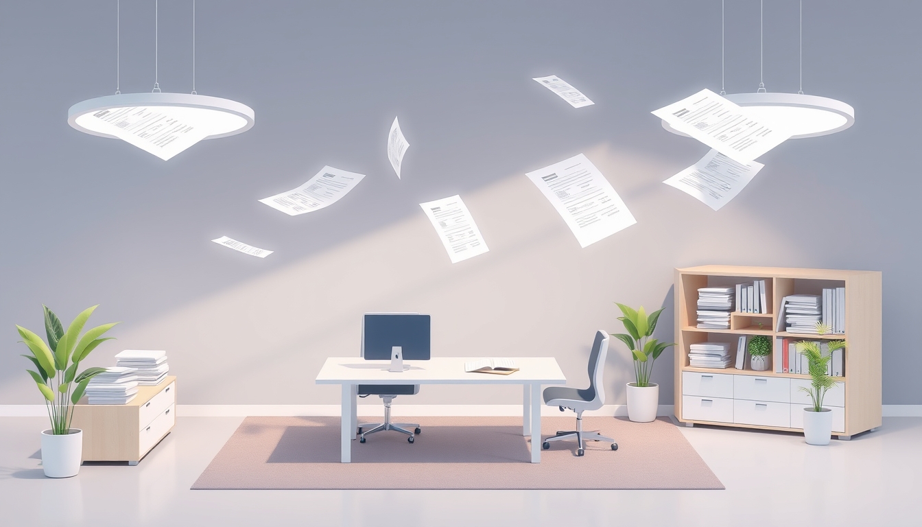 Modern Isometric Office Space with Floating Financial Documents in Soft Tones