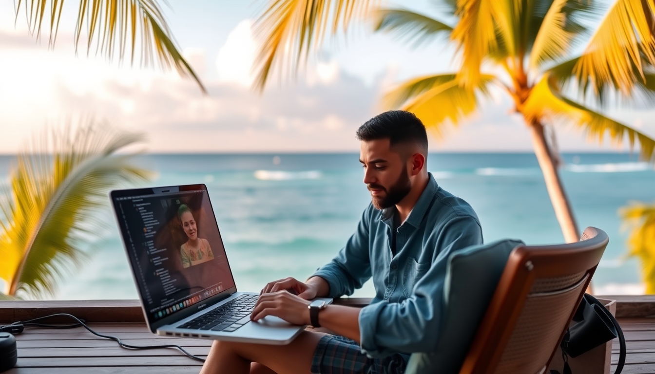 A digital artist working on a laptop in a tropical location, with the ocean in the background, emphasizing the freedom of remote work.