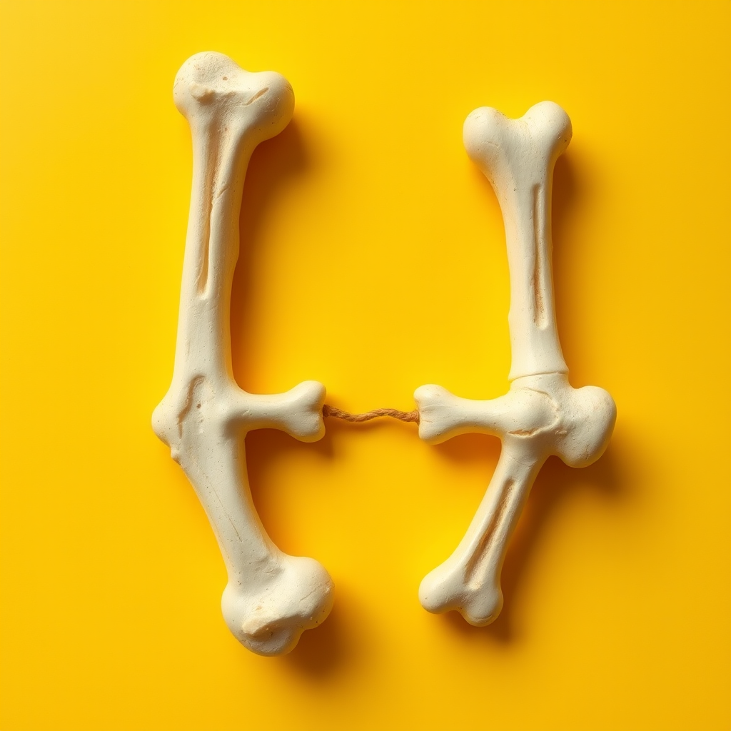 A letter "H" made of bones, yellow background, realistic photograph.