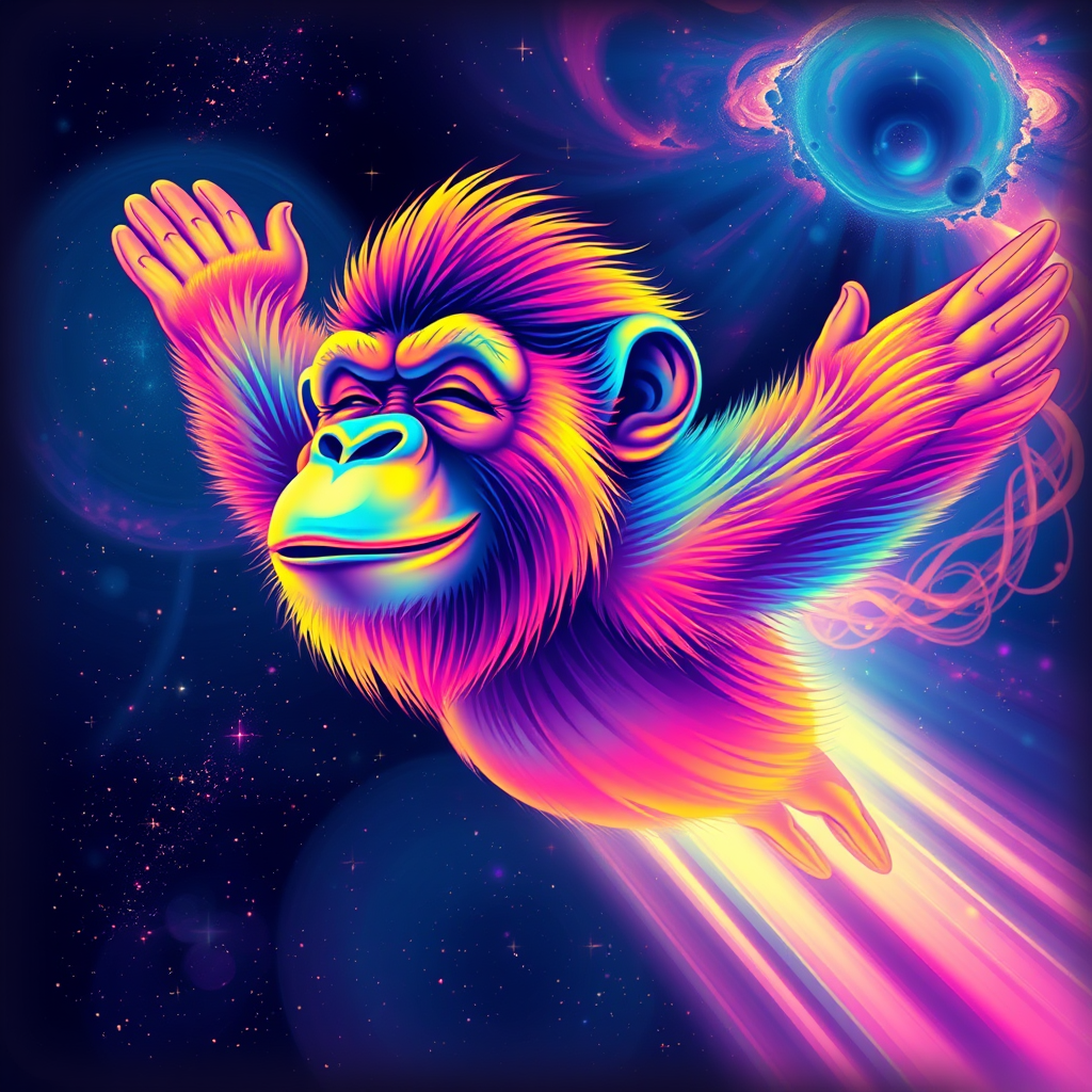 A captivating digital painting of a happy ape soaring through a dreamy, cosmic landscape. The ape sports a vibrant rainbow color palette, with flashes of color interspersed throughout the scene. The background features a starry cosmos with swirling galaxies and nebulas. The ape's eyes are closed, exuding a serene expression, while its serene smile is a testament to its peaceful state. The glitchy edges, fading to black, add a unique and striking touch to the design. The subtle acid rainbow cubic glitch effect adds depth and visual intrigue to this mesmerizing, dreamy tee shirt design. - Image