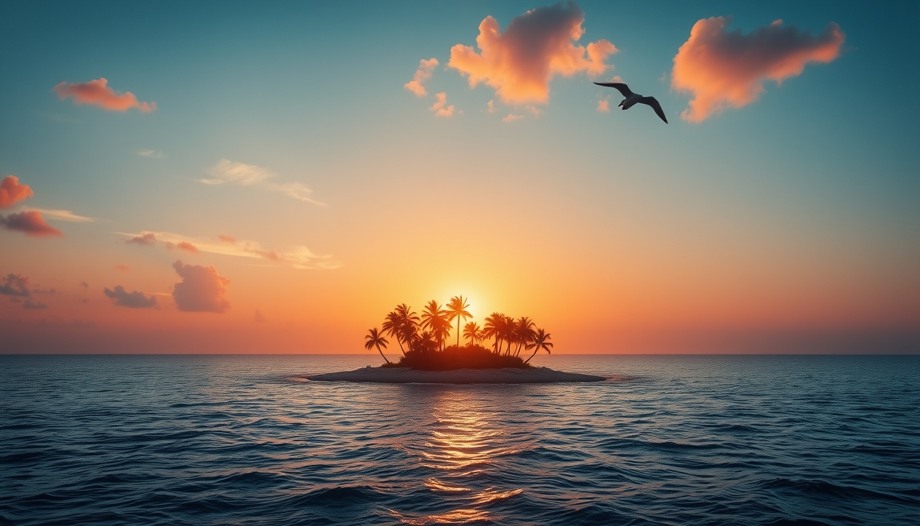 A beautiful view of a small island in the middle of the ocean, some palms in the middle of the island, at sunset, with suns in the background, the suns reflecting on the ocean, the sky with reddish shades, some clouds in the sky, some seagulls flying in the sky.