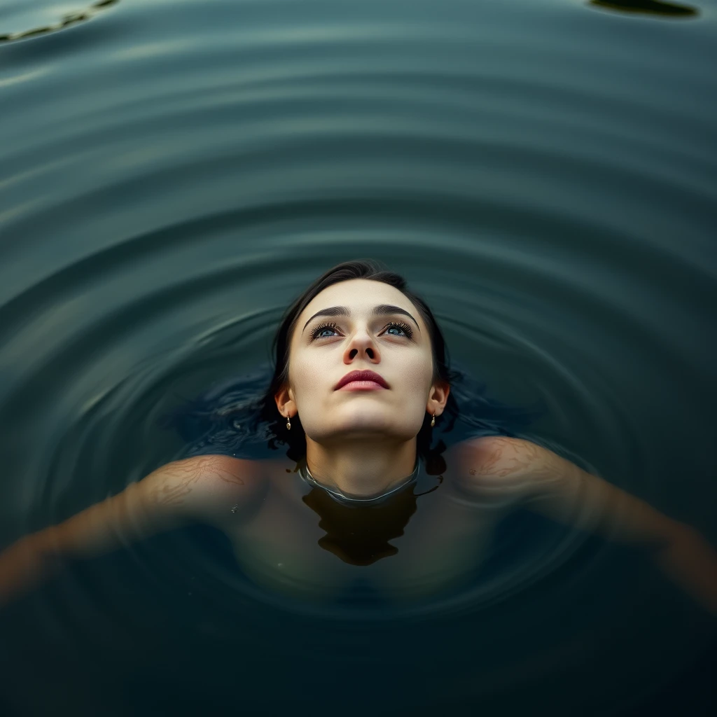 A woman rising out of a pond, face pointing straight up. She has not yet broken through the water tension.