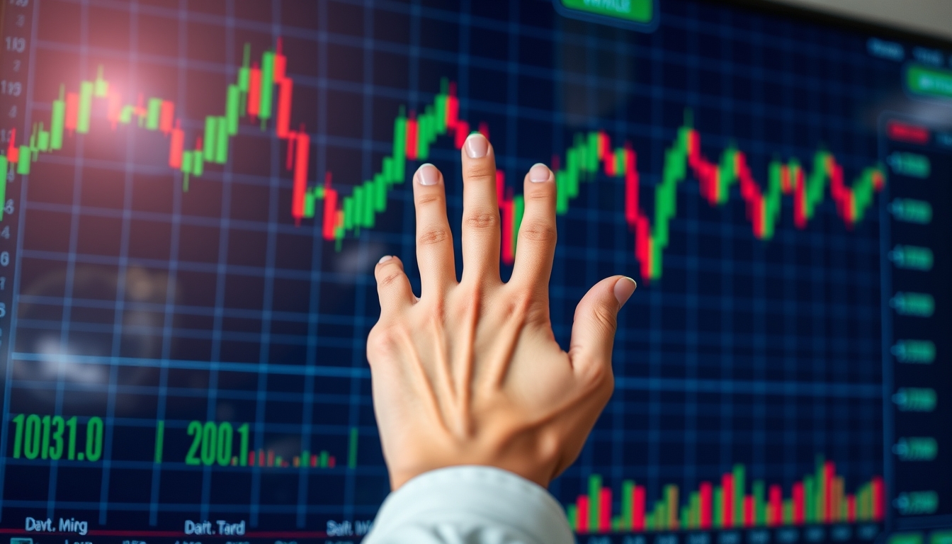 Hand with a virtual stock market display, representing digital trading.