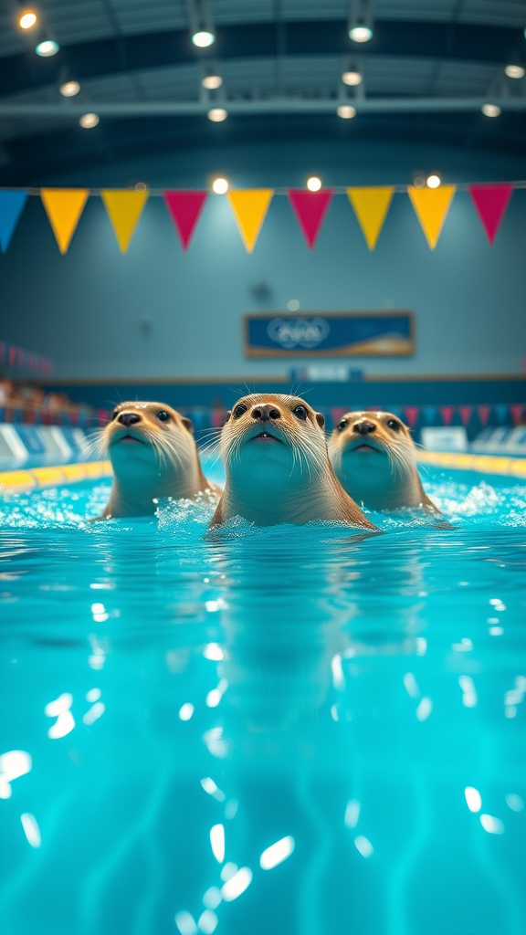 3 otters in swimming competition in Olympic swimming pool - Image