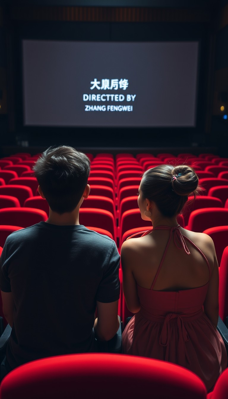 In a dimly lit theater, a young Chinese man and woman sit in their seats watching a movie, the boy in a gray short-sleeved T-shirt, the girl with fair skin, wearing a pink halter dress and a hairpiece. The seats in the theater are all red, and on the big screen in the theater, it simply says, "Directed by Zhang Fengwei," from a rear view, extremely realistic.