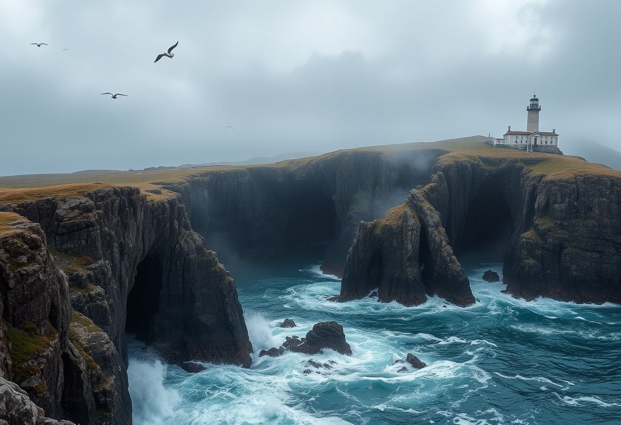 Dramatic, rocky cliffs, crashing waves, rugged, coastal, high quality, seagulls, lighthouse, stormy, wild, panoramic, breathtaking, photorealistic::1.5 sailboats, dramatic skies, mist, fog, coastal caves, hidden coves, tidal pools, mysterious