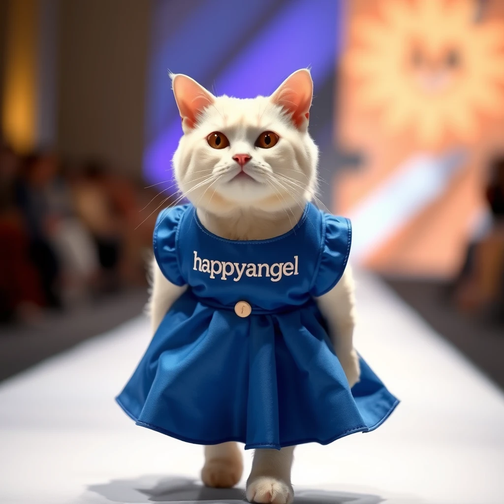 A white cat wearing a stylish blue dress with the name "happyangel 하늘이" embroidered on it is walking down the runway.