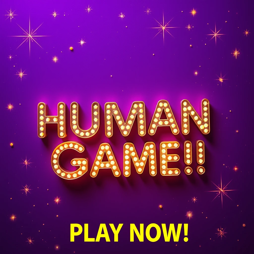 Human Game!!! PLAY NOW!!!!! Magic words on purple background, many glitters, warm lighting.