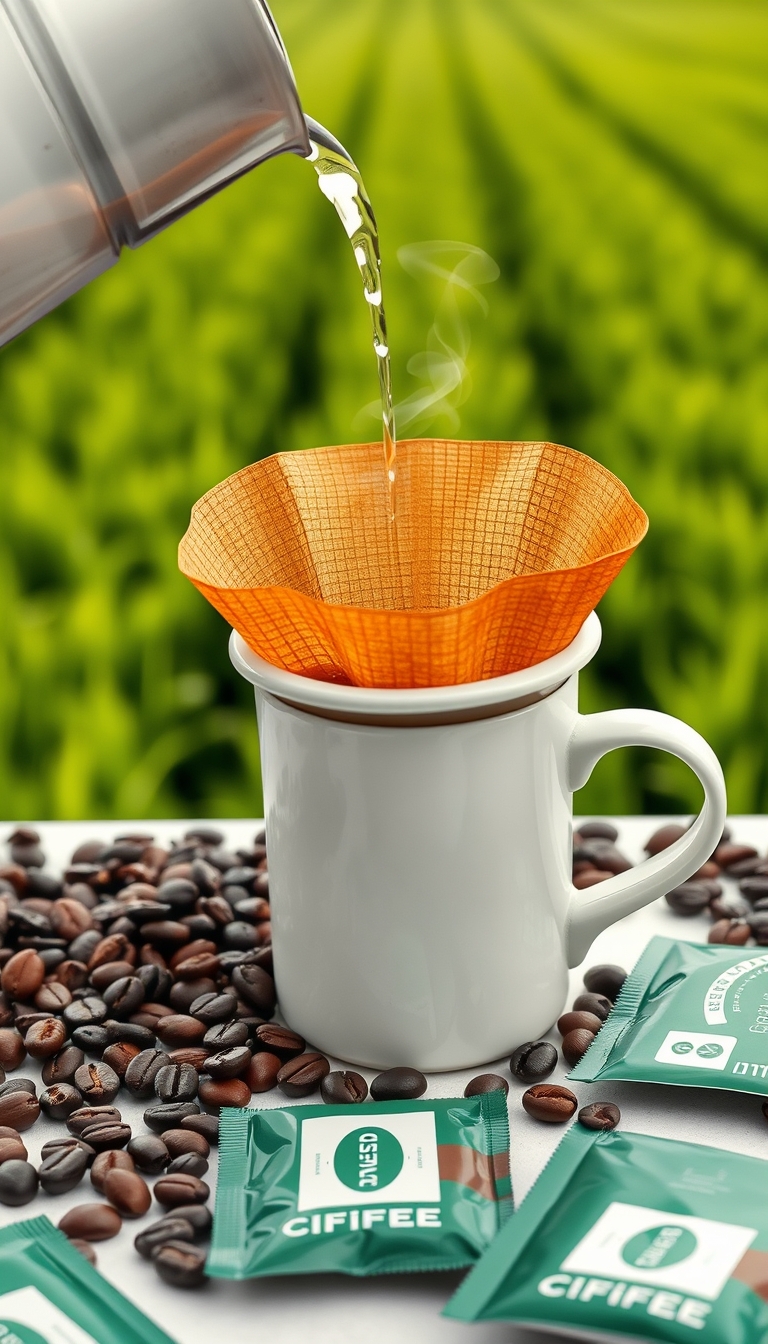 Realistic front-view image of a pour-over coffee in a white cup with a drip filter bag, hot water being poured with steam, coffee beans around, green coffee packets on a table, set against a wide green field background, no text, sharp and highly detailed.