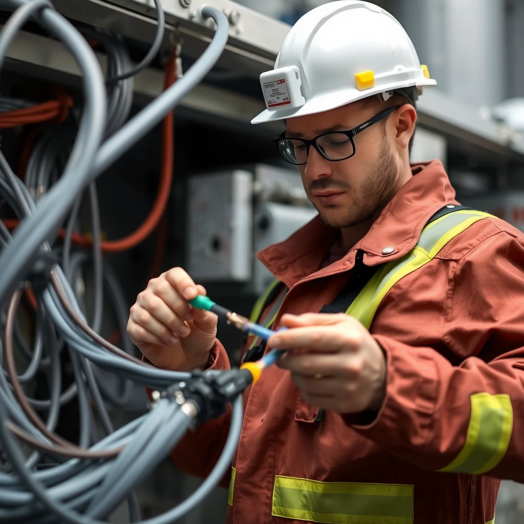 An engineer in Rostelecom overalls connects an optical cable.