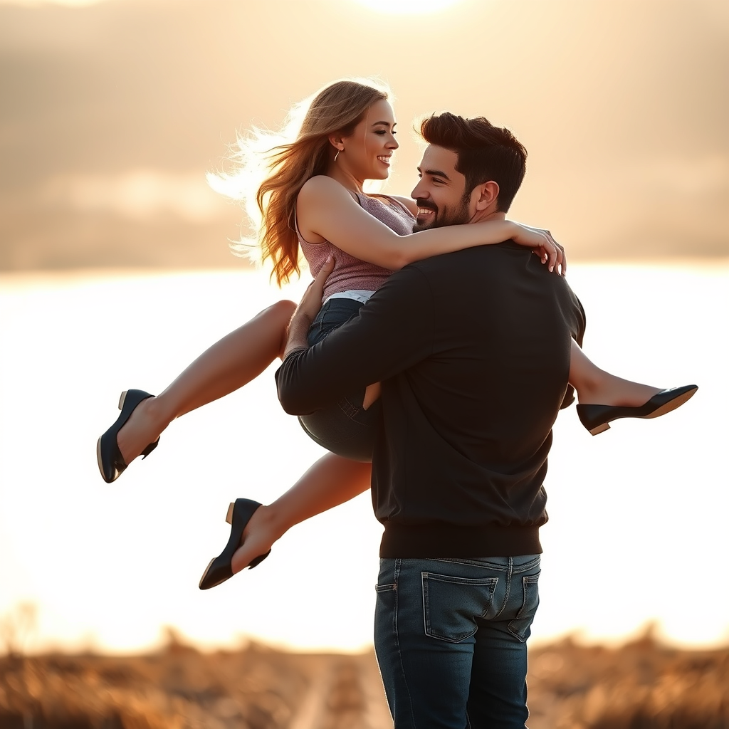 Handsome man lifting a woman in his arms, pose.