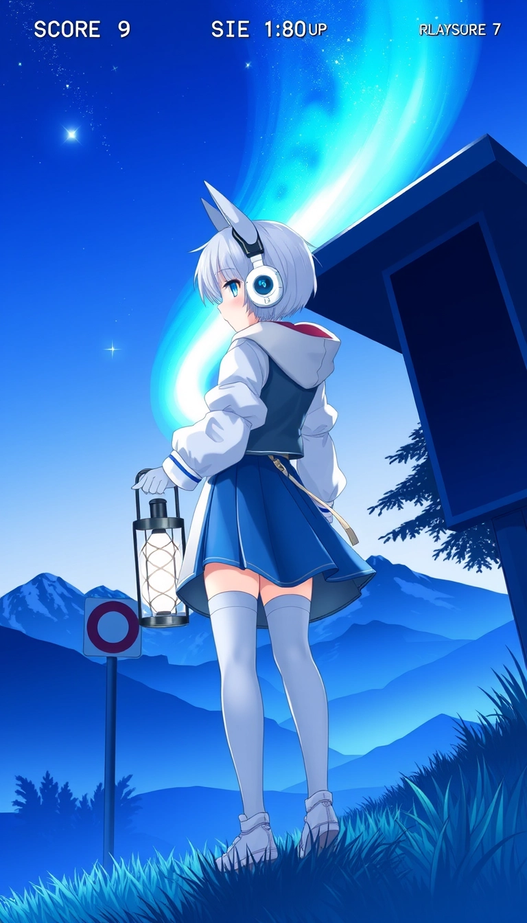 1 girl, score 9, score 8 up, score 7 up, fersa, 1 girl, breasts, short hair, blue eyes, skirt, long sleeves, gloves, thigh highs, jacket, yellow eyes, white hair, shoes, puffy sleeves, midriff, white gloves, hood, crop top, blue skirt, fake animal ears, heterochromia, headphones, white jacket, puffy long sleeves, multicolored eyes, blue sky, blue theme, bus stop sign, dawn, facing away, gradient sky, grass, holding, holding lantern, lantern, meteor shower, mountain, nature, on grass, outdoors, plant, road sign, scenery, sign, sky, solo, standing, star (sky), tree, very wide shot, masterpiece, best quality, high detail, anime style. - Image