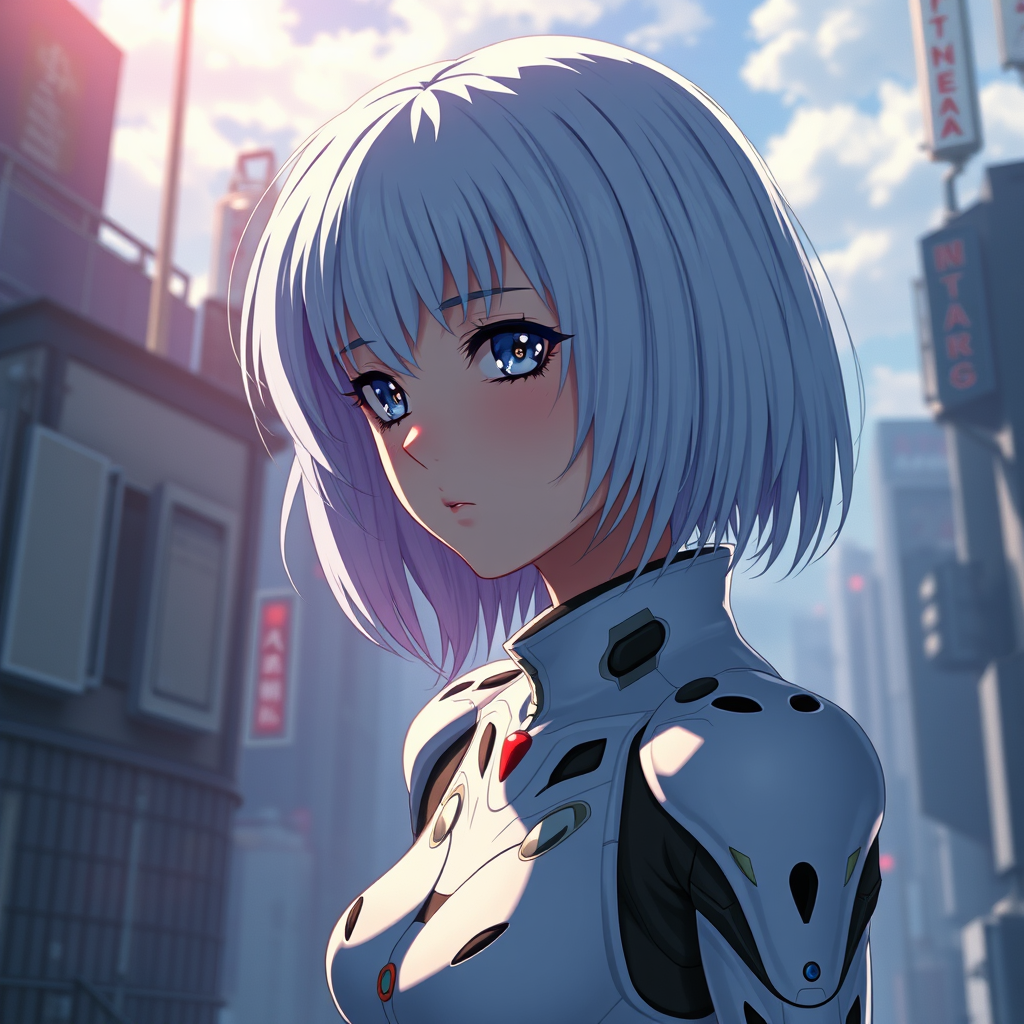 Stunning anime wallpaper illustration of Rei Ayanami from Neon Genesis Evangelion, detailed scene, stunning details, trending on ArtStation, ray-traced environment, vintage 90's anime, ray-tracing, by Artgerm.