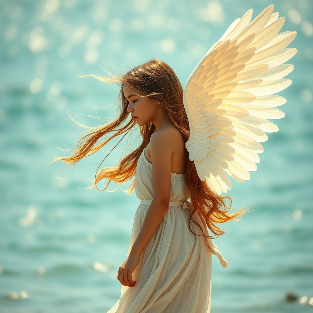 girl angel, wind wave long hair, spread big wings on the back, full body, side view, side lighting, background bokeh, Super realistic, film look, Emerald Beach