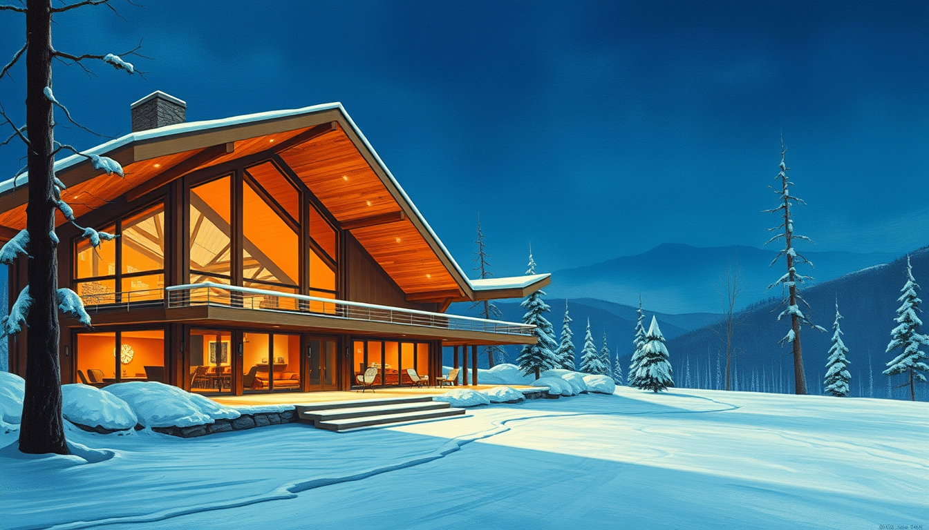 A mid-century modern ski lodge, from 1960, a painting by Syd Mead, 4k. - Image