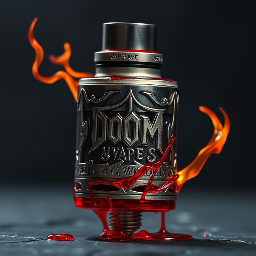 Hyper-realistic DoomVapes: vape tank, engraved with infernal motifs on the metal. Hellfire wisps curl around the device. Blood-red liquid seeps through cracks. Clear glass.