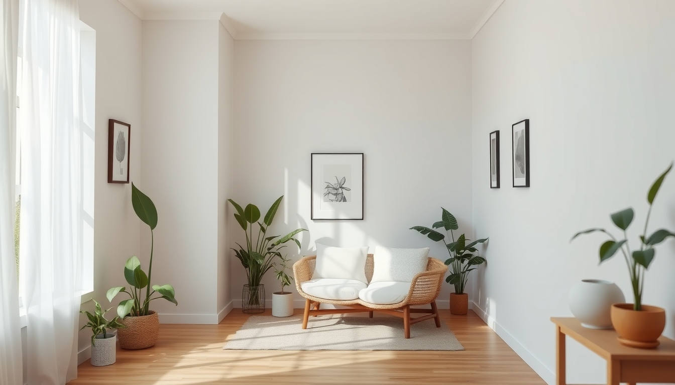 A serene interior space with natural light streaming in, featuring minimalistic decor, indoor plants, and a cozy reading nook.