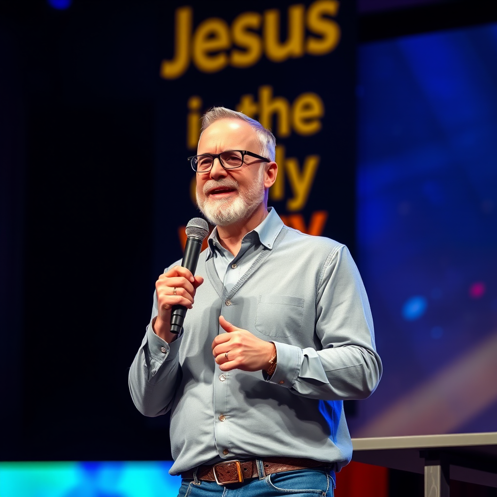 A 4k image of a gospel preacher standing on a platform with a microphone in his hand. He has glasses, a short well-cropped beard, and is dressed youthfully although he is 71. Behind him is a poster that says “Jesus is the only way.” The stage is colorfully lit.