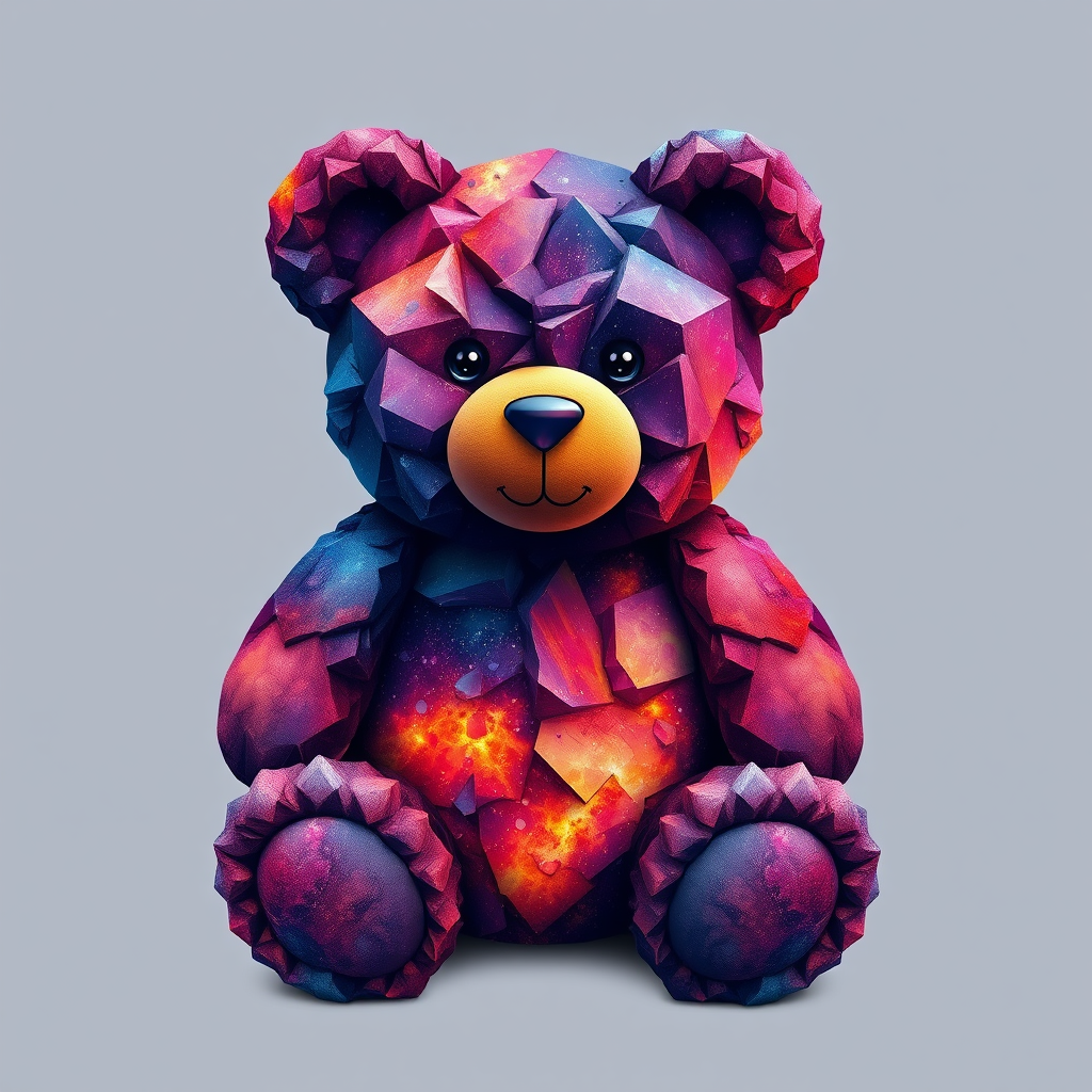 A tee shirt design of a teddy bear whose entire body, ears, and head are perfectly made of a beautiful jagged mineral that looks reminiscent of the universe with uneven colorful shards sticking out. Striking and beautiful, with deep blues and purples contrasting with vibrant reds and orange. - Image