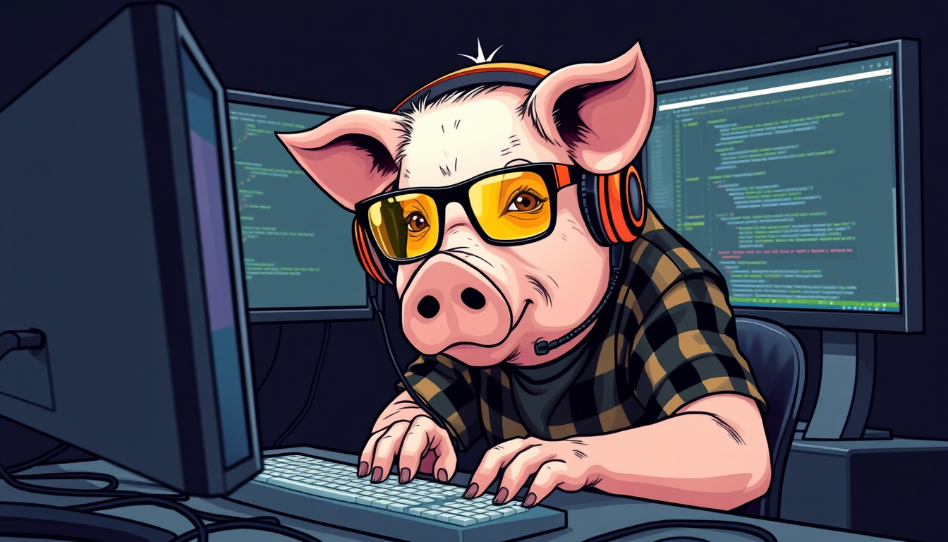 A tech-savvy pig coder, wearing yellow-tinted glasses and sleek noise-cancelling headphones, hunches over a cutting-edge multi-monitor setup. The anthropomorphic pig exudes focus, typing furiously while wearing a plaid t-shirt.