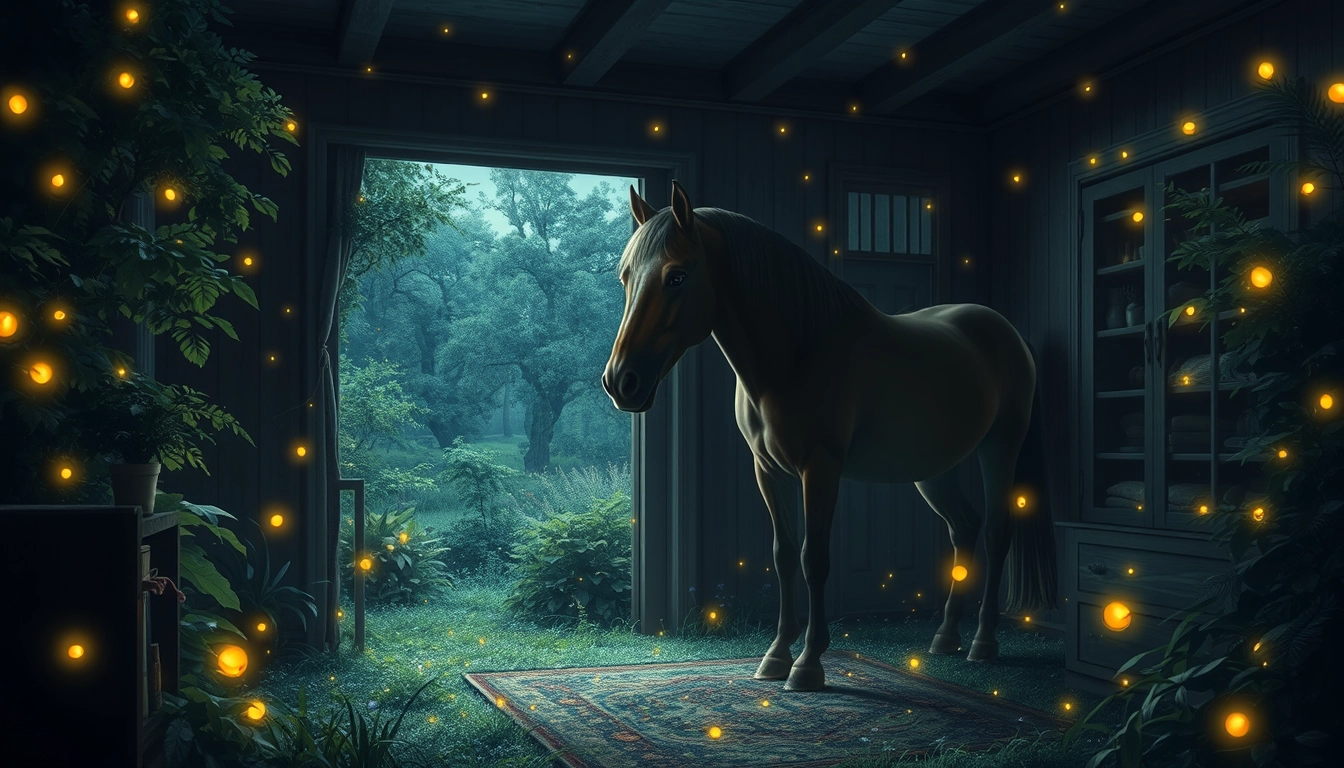 A nighttime scene, a horse in a room, surrounded by fireflies, filled with greenery, the room and forest blending together, in a realistic style.