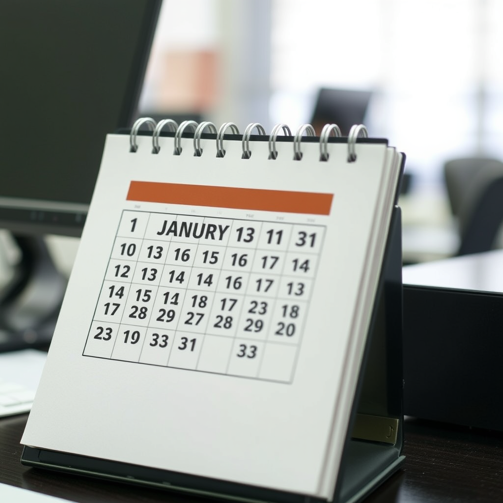 A photo of a desk calendar. The calendar is open to the month of January. The calendar is on a desk in an office. number text "1,2,3,4,5,6,7,8,9,10,11,12,13,14,15,16,17,18,19,20,21,22,23,24,25,26,27,28,29,30,31".