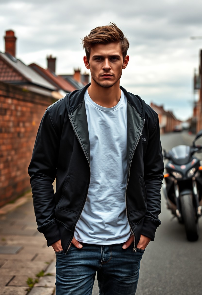 Jamie Dornan head and body shot, handsome, young, serious face, dark brown hair, white t-shirt, college jacket, skinny jeans, sneakers, standing in a hot style, near town road, on superbike, hyper-realistic, street photography, brick wall, full body photo. - Image