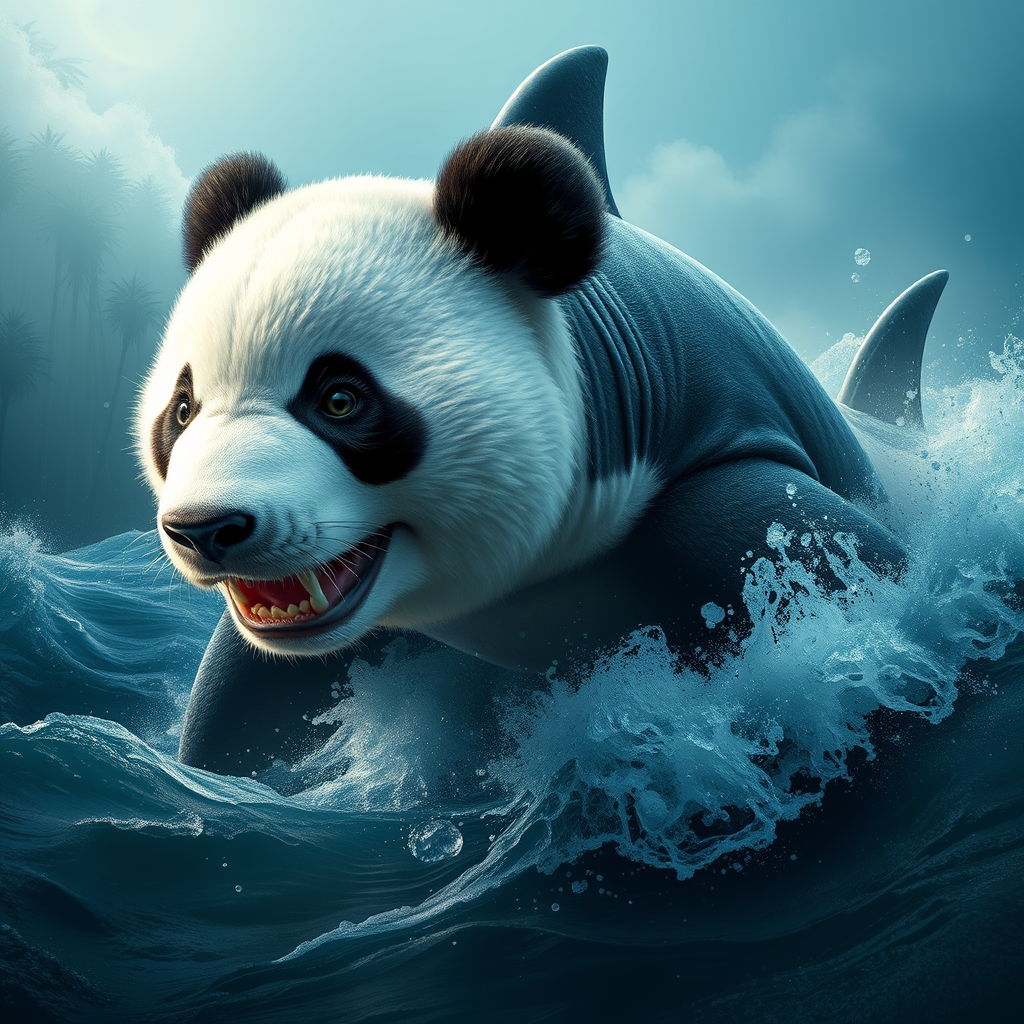 A mesmerizing hybrid creature, part great white shark, part giant panda, emerges from misty bamboo forests into turbulent ocean waters. Hyper-realistic details capture every scale and fur strand. Eyes blend primal hunger with gentle wisdom. Ancient Chinese mythology meets modern marine biology in this surreal, thought-provoking fusion. - Image