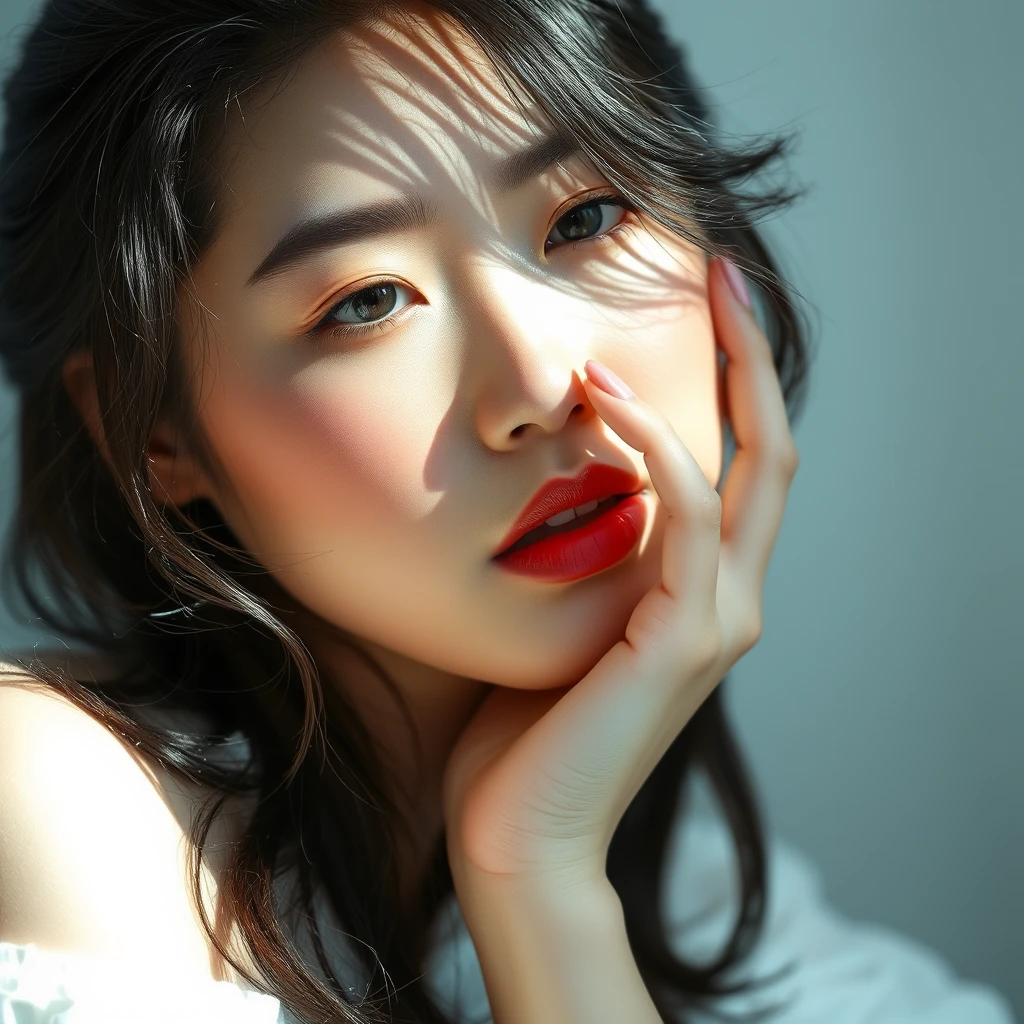 Graceful Korean model, exuding charm and poise, captured in a high-fashion photography setting that harmoniously combines artistic elements with a touch of allure. The image highlights a refined presentation of elegance, featuring high-definition textures and meticulous lighting, showcased in an elegant aspect ratio, full-body, snow white.