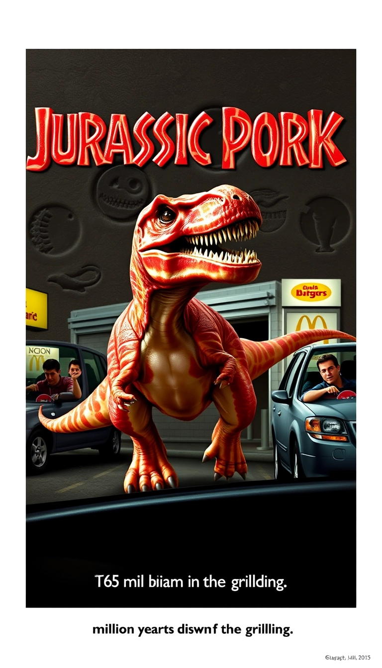 "Jurassic Pork": A T-Rex made entirely of bacon chases terrified customers through a drive-thru. The title "JURASSIC PORK" is spelled out in raw bacon strips at the top of the poster. Fossil imprints of various fast food items fill the background. Tagline: "65 million years in the grilling."