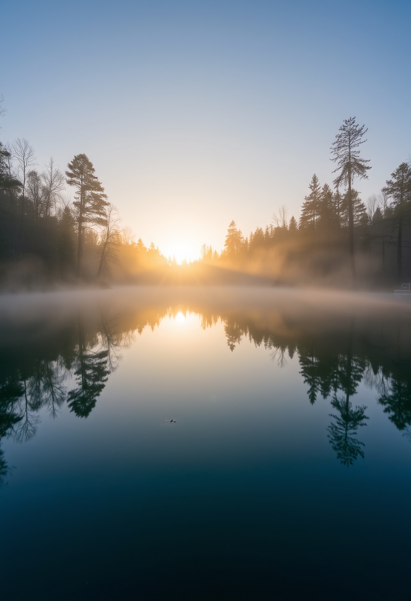 A tranquil lake reflecting a misty sunrise in a forest setting. - Image