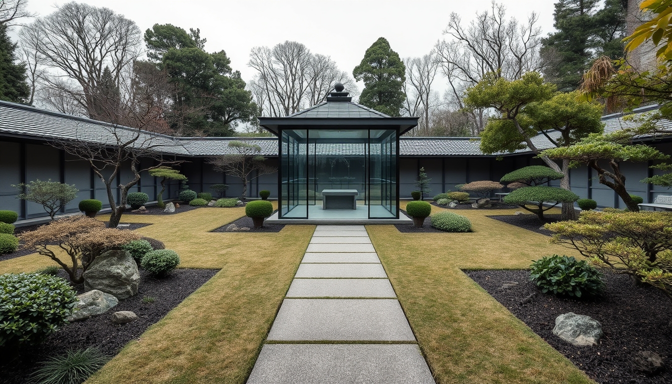 A tranquil zen garden with a glass meditation pavilion at its center.